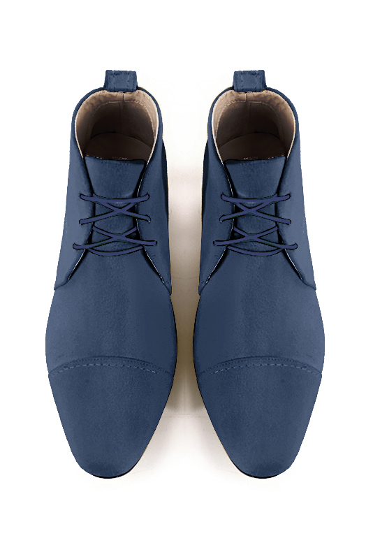 Denim blue women's ankle boots with laces at the front. Round toe. Low flare heels. Top view - Florence KOOIJMAN